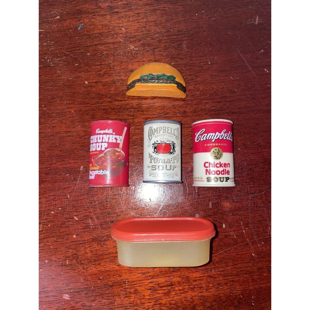 3 Campbells Soup Can Magnets,  1 Hamburger Magnet & 1 Vintage Tupperware Magnet